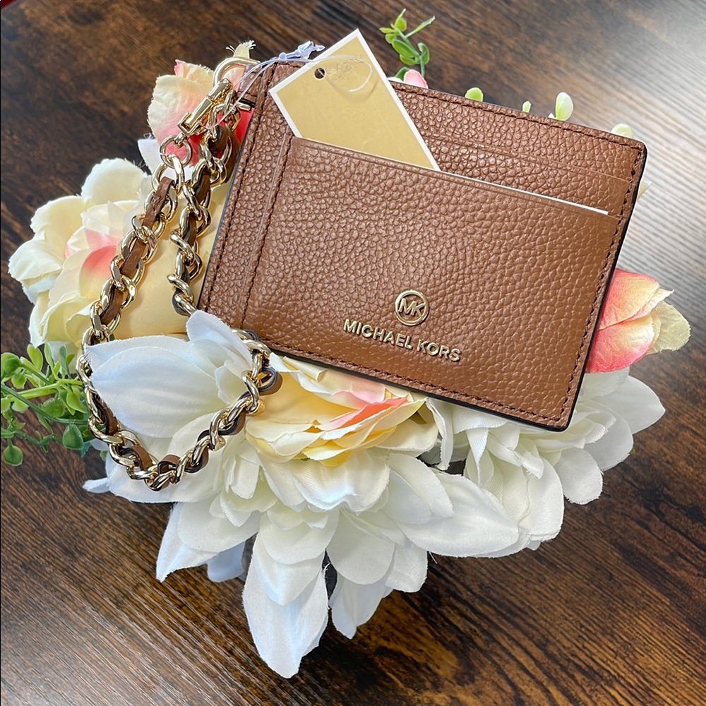 Michael Kors Jet Set Charm Card Holder Brown with Gold Chain